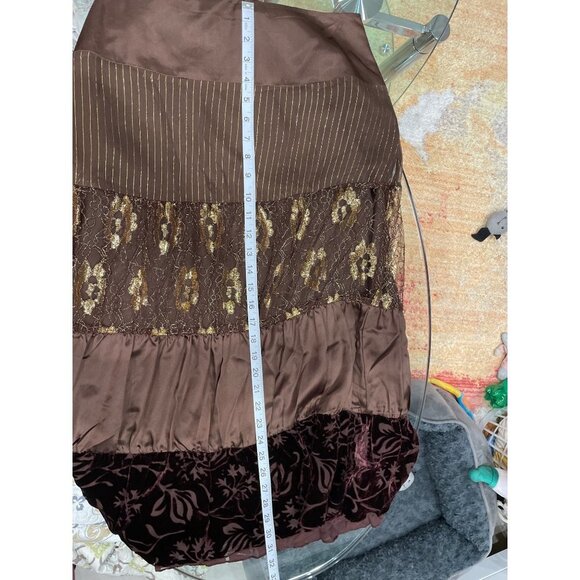 Spenser Jeremy Brown Silk Gold Metallic Thread Tiered Skirt Sz 4 - Picture 9 of 10